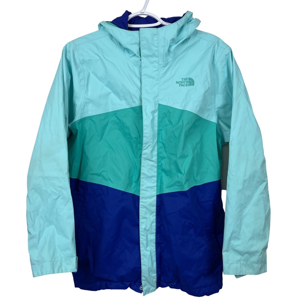The North Face Girls XL 18 DryVent Rain Jacket Colorblock‎ Mint Teal Blue Hooded